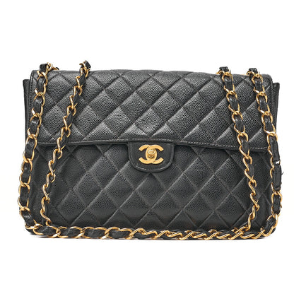 CHANEL Caviar Skin Deka Matelasse Single Flap Chain Shoulder Black Gold-Tone Hardware, Pre-Owned