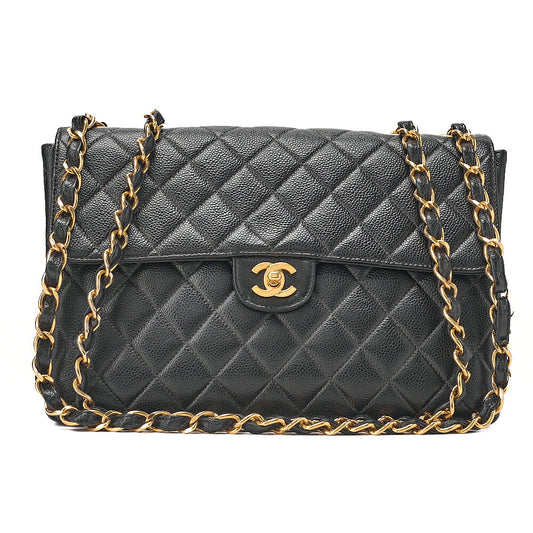 CHANEL Caviar Skin Deka Matelasse Single Flap Chain Shoulder Black Gold Hardware [Used][Free Shipping]