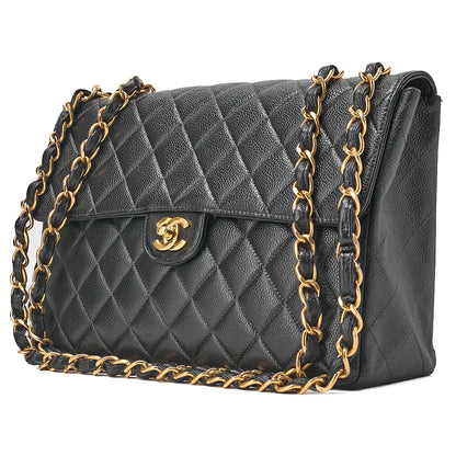 CHANEL Caviar Skin Deka Matelasse Single Flap Chain Shoulder Black Gold-Tone Hardware, Pre-Owned