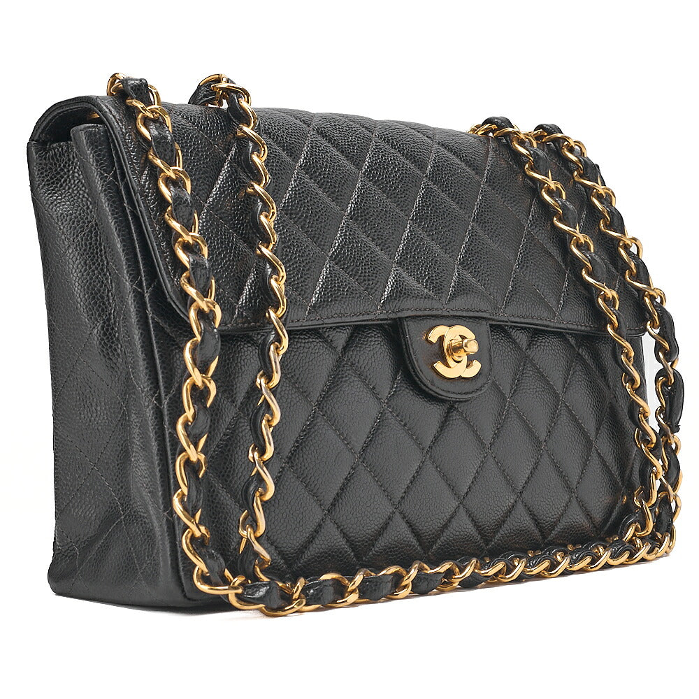 CHANEL Caviar Skin Deka Matelasse Single Flap Chain Shoulder Black Gold-Tone Hardware, Pre-Owned
