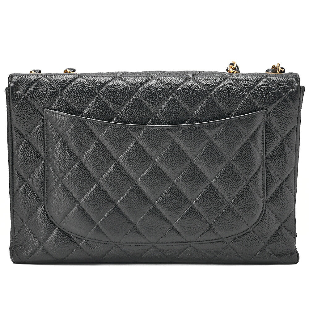 CHANEL Caviar Skin Deka Matelasse Single Flap Chain Shoulder Black Gold-Tone Hardware, Pre-Owned