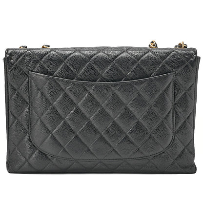 CHANEL Caviar Skin Deka Matelasse Single Flap Chain Shoulder Black Gold-Tone Hardware, Pre-Owned