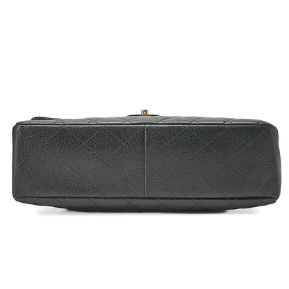 CHANEL Caviar Skin Deka Matelasse Single Flap Chain Shoulder Black Gold-Tone Hardware, Pre-Owned