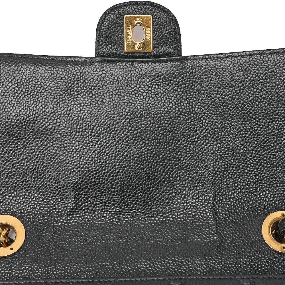 CHANEL Caviar Skin Deka Matelasse Single Flap Chain Shoulder Black Gold-Tone Hardware, Pre-Owned