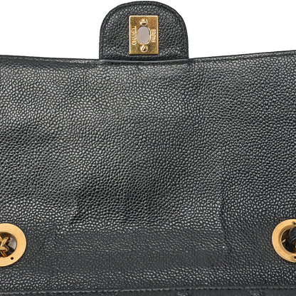 CHANEL Caviar Skin Deka Matelasse Single Flap Chain Shoulder Black Gold-Tone Hardware, Pre-Owned