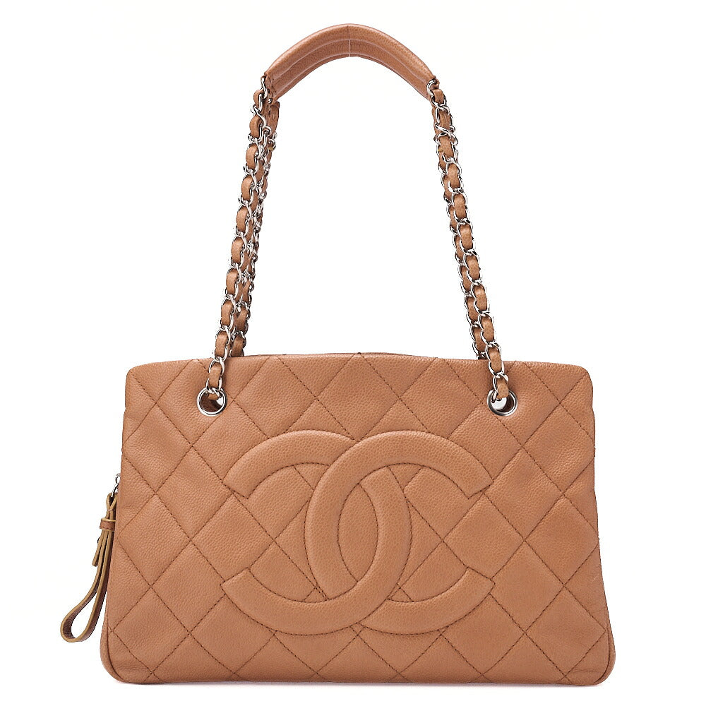 CHANEL Caviar Skin Deka Coco Mark Double Chain Shoulder Beige Orange Silver-Tone Hardware, Pre-Owned