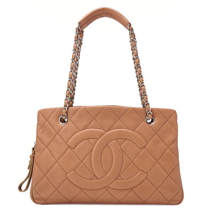 CHANEL Caviar Skin Deka Coco Mark Double Chain Shoulder Beige Orange Silver-Tone Hardware, Pre-Owned