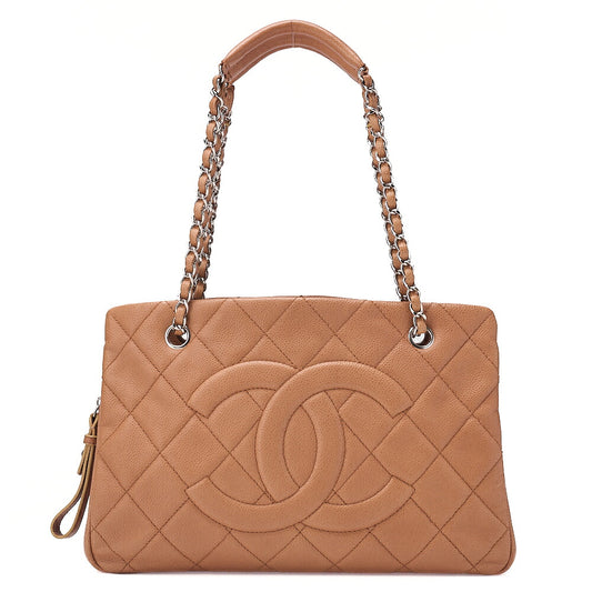 CHANEL Caviar Skin Deka Coco Mark Double Chain Shoulder Beige Orange Silver-Tone Hardware, Pre-Owned