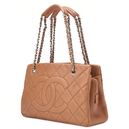 CHANEL Caviar Skin Deka Coco Mark Double Chain Shoulder Beige Orange Silver-Tone Hardware, Pre-Owned