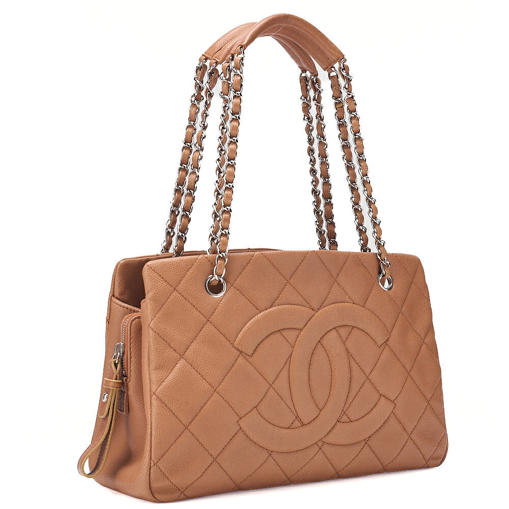 CHANEL Caviar Skin Deka Coco Mark Double Chain Shoulder Beige Orange Silver-Tone Hardware, Pre-Owned