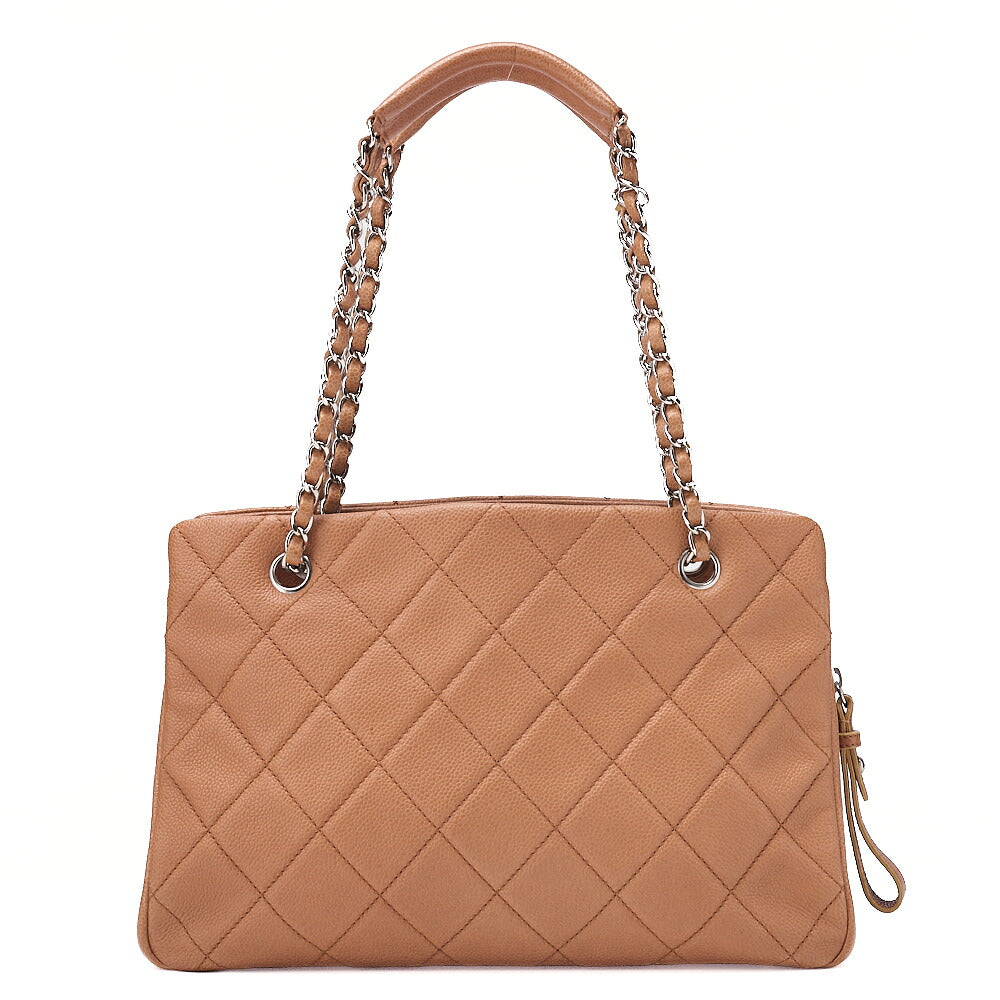 CHANEL Caviar Skin Deka Coco Mark Double Chain Shoulder Beige Orange Silver-Tone Hardware, Pre-Owned