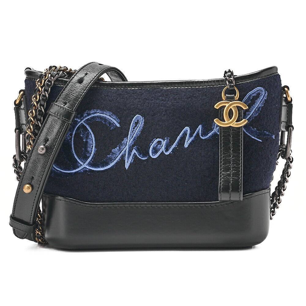 CHANEL Wool x Vintage Calf Gabriel de Chanel Chain Shoulder Navy x Black Gold x Silver-Tone Hardware, Pre-Owned