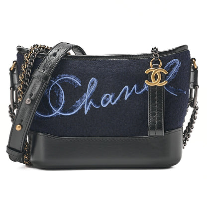 CHANEL Wool x Vintage Calf Gabriel de Chanel Chain Shoulder Navy x Black Gold x Silver-Tone Hardware, Pre-Owned