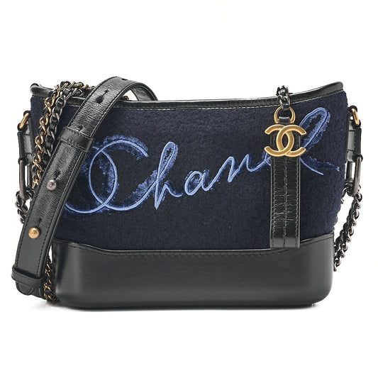 CHANEL Wool x Vintage Calf Gabriel de Chanel Chain Shoulder Navy x Black Gold x Silver-Tone Hardware, Pre-Owned