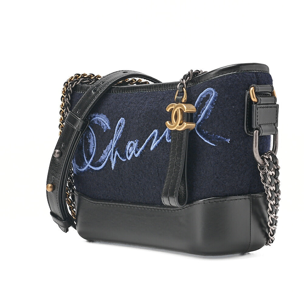 CHANEL Wool x Vintage Calf Gabriel de Chanel Chain Shoulder Navy x Black Gold x Silver-Tone Hardware, Pre-Owned