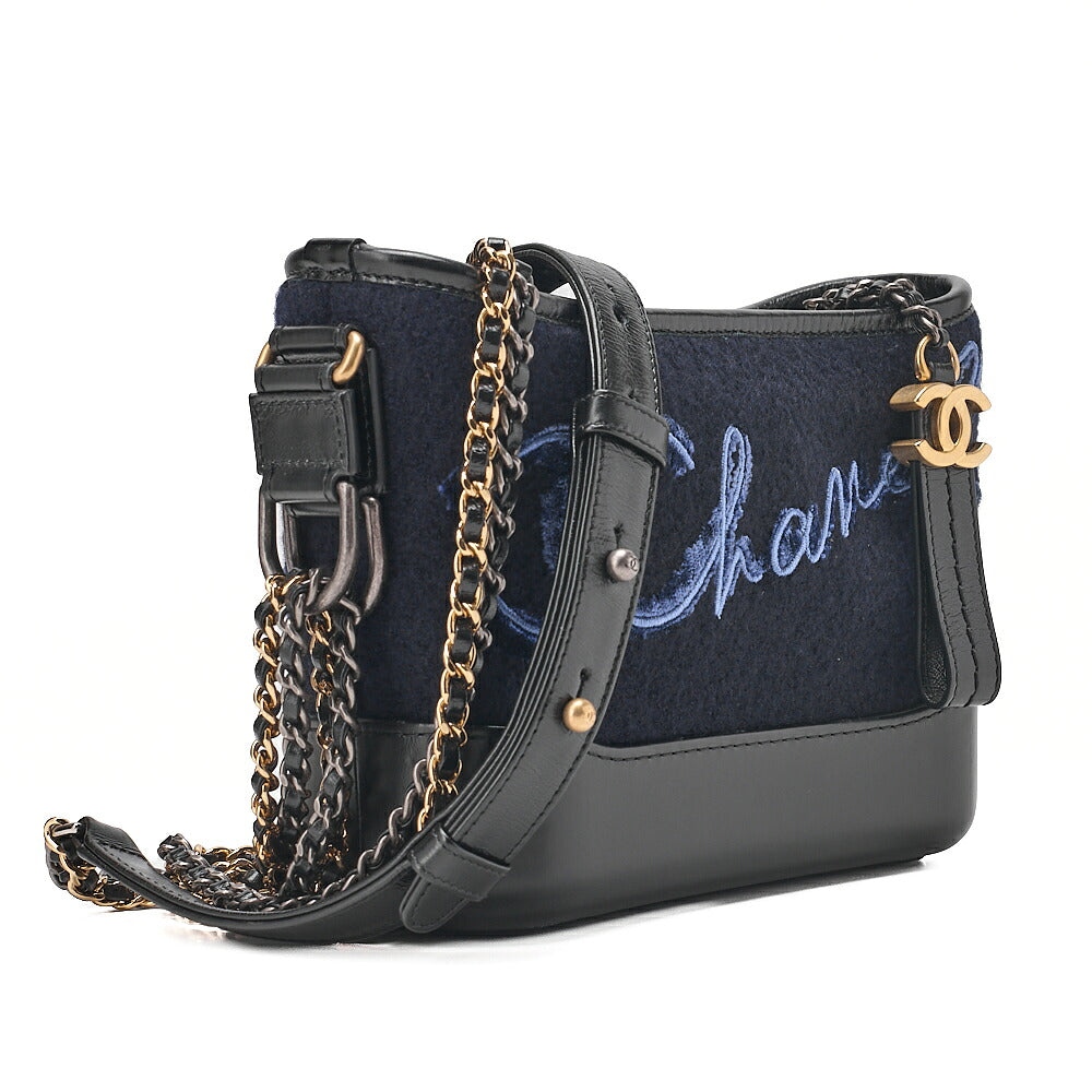 CHANEL Wool x Vintage Calf Gabriel de Chanel Chain Shoulder Navy x Black Gold x Silver-Tone Hardware, Pre-Owned