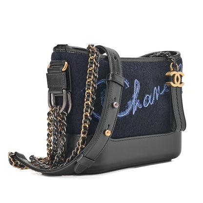 CHANEL Wool x Vintage Calf Gabriel de Chanel Chain Shoulder Navy x Black Gold x Silver-Tone Hardware, Pre-Owned