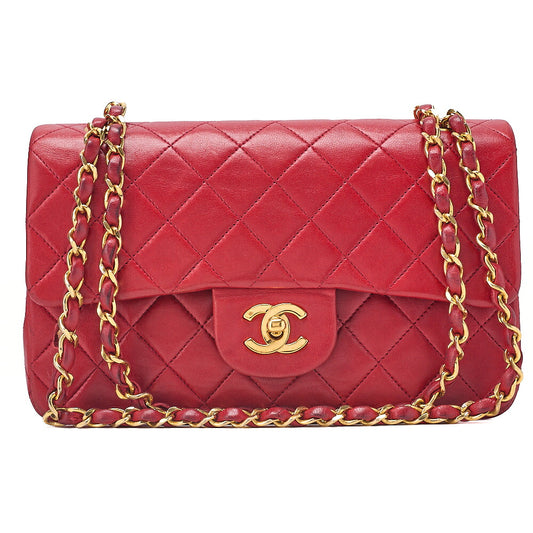 CHANEL Chain Shoulder Bag Matelasse 23cm Double Flap Lambskin Red Gold-Tone Hardware, Pre-Owned