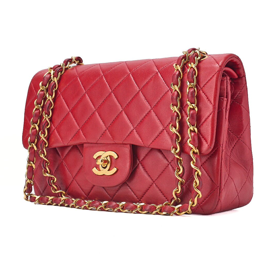 CHANEL Chain Shoulder Bag Matelasse 23cm Double Flap Lambskin Red Gold-Tone Hardware, Pre-Owned