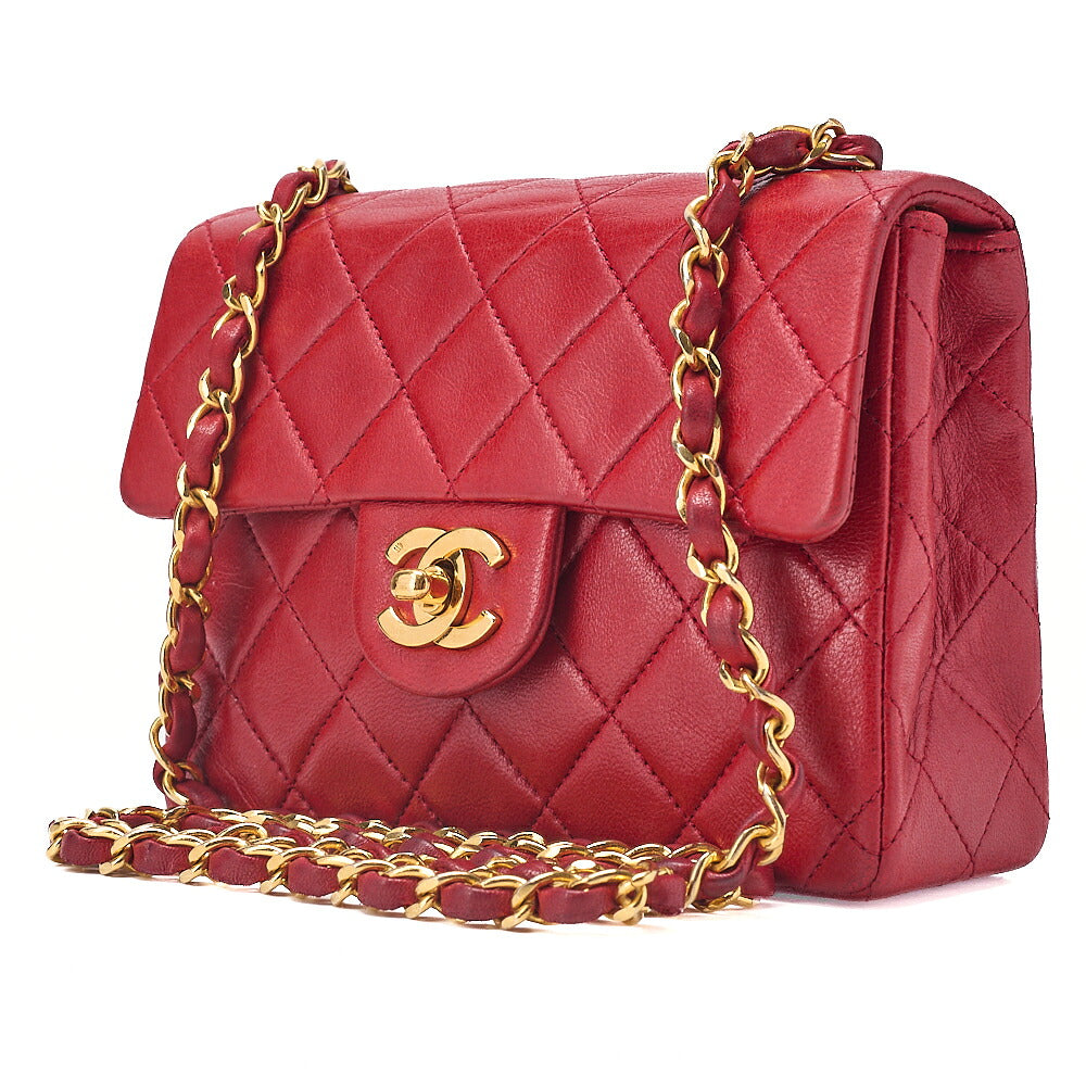 CHANEL Chain Shoulder Bag Mini Matelasse 17cm Lambskin Red Gold-Tone Hardware, Pre-Owned