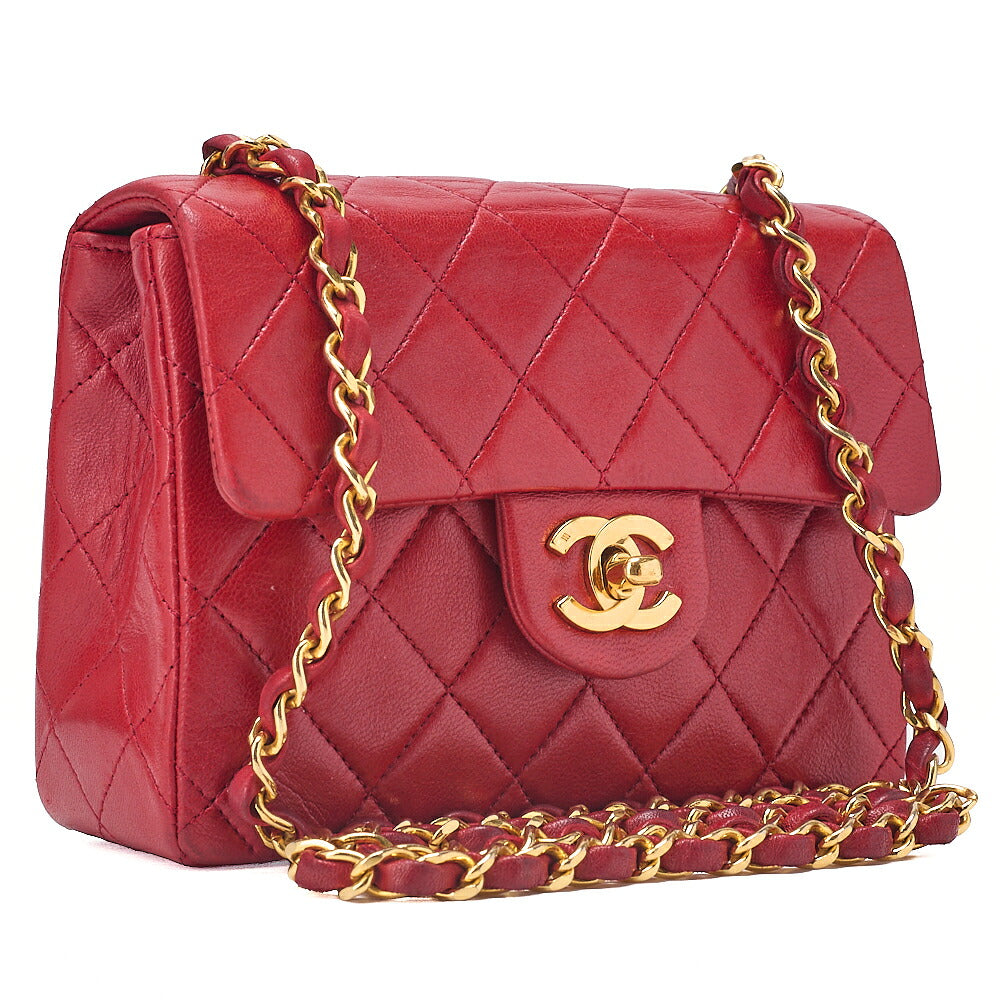 CHANEL Chain Shoulder Bag Mini Matelasse 17cm Lambskin Red Gold-Tone Hardware, Pre-Owned