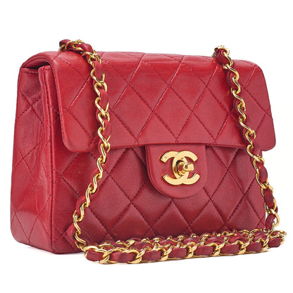CHANEL Chain Shoulder Bag Mini Matelasse 17cm Lambskin Red Gold-Tone Hardware, Pre-Owned