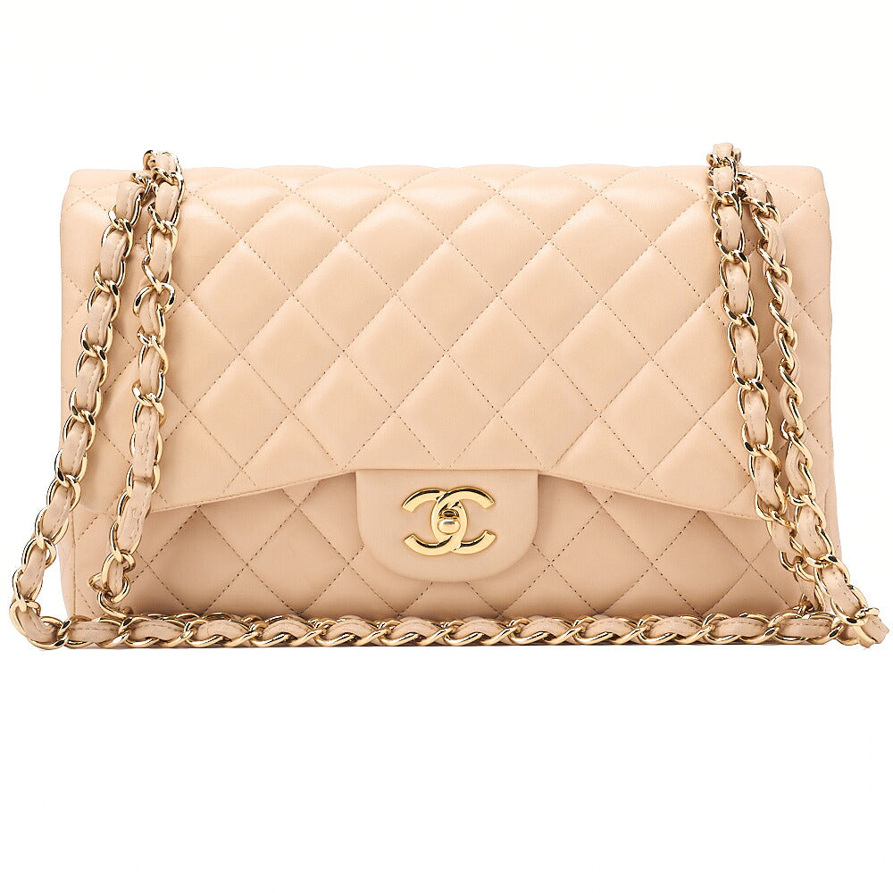 CHANEL Lambskin Deka Matelasse 30cm Double Flap Chain Shoulder Bag Beige Gold-Tone Hardware, Pre-Owned