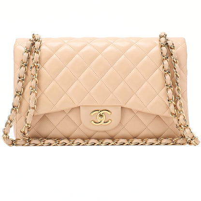 CHANEL Lambskin Deka Matelasse 30cm Double Flap Chain Shoulder Bag Beige Gold-Tone Hardware, Pre-Owned