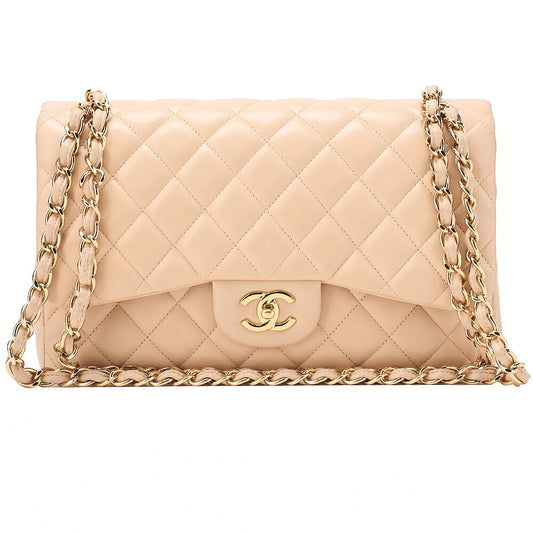 CHANEL Lambskin Deka Matelasse 30cm Double Flap Chain Shoulder Bag Beige Gold-Tone Hardware, Pre-Owned