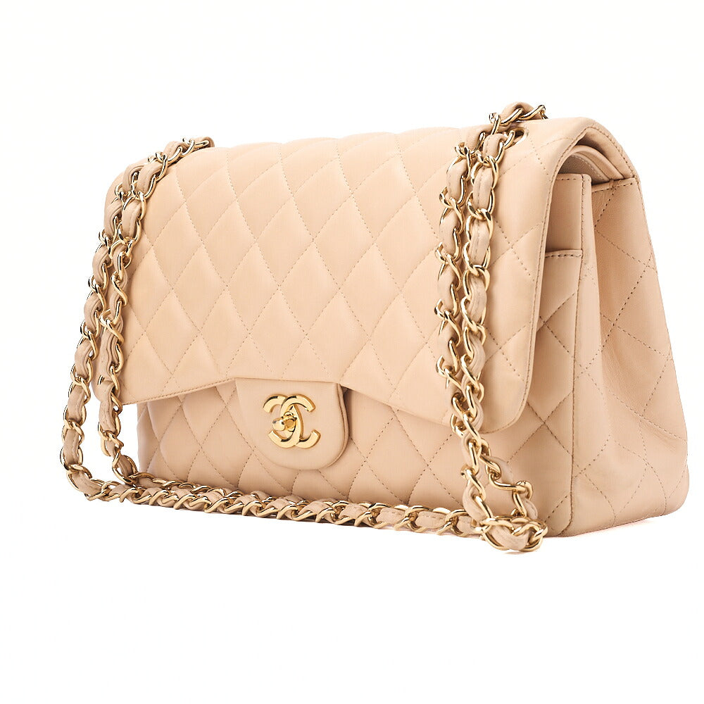 CHANEL Lambskin Deka Matelasse 30cm Double Flap Chain Shoulder Bag Beige Gold-Tone Hardware, Pre-Owned