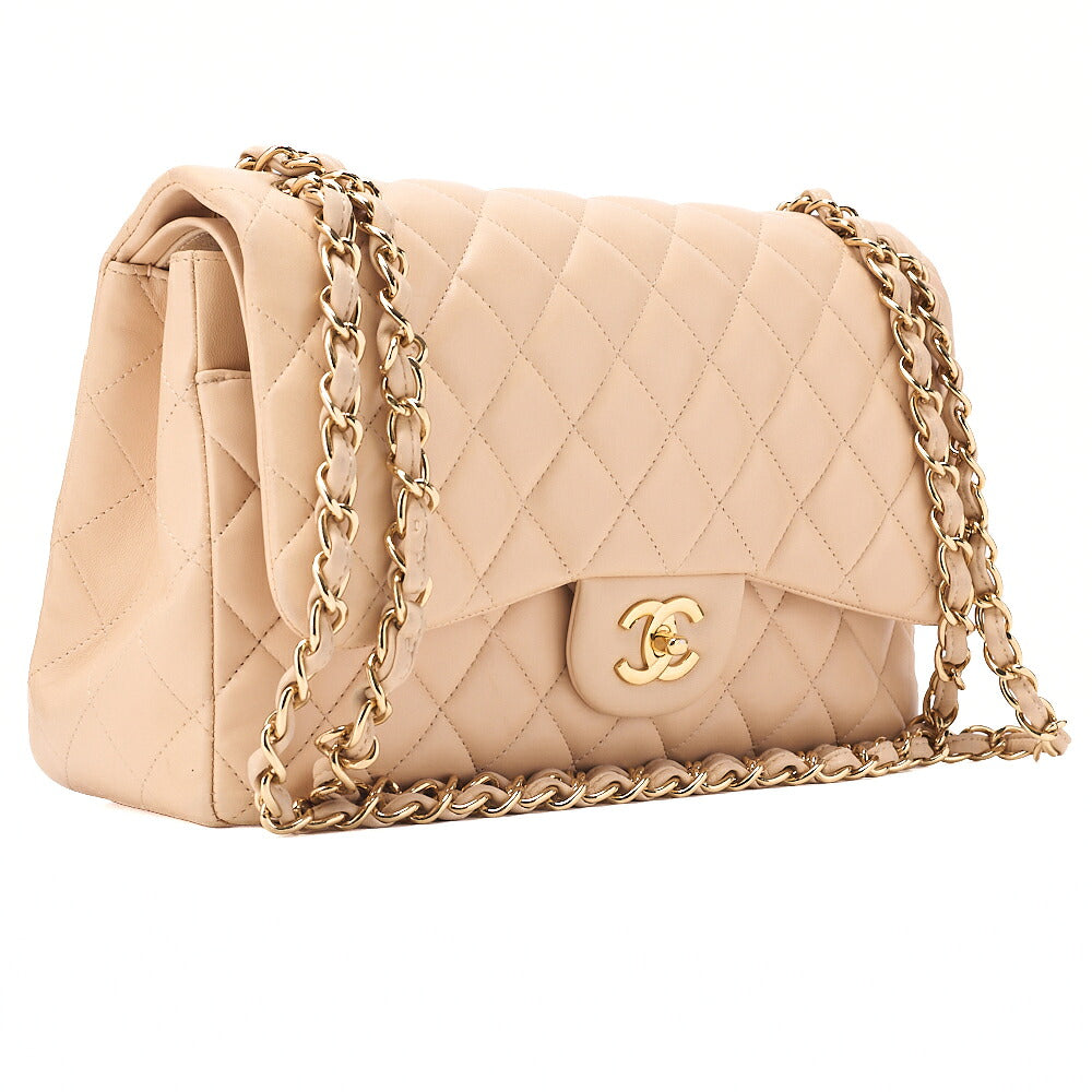 CHANEL Lambskin Deka Matelasse 30cm Double Flap Chain Shoulder Bag Beige Gold-Tone Hardware, Pre-Owned