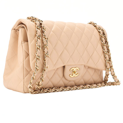 CHANEL Lambskin Deka Matelasse 30cm Double Flap Chain Shoulder Bag Beige Gold-Tone Hardware, Pre-Owned