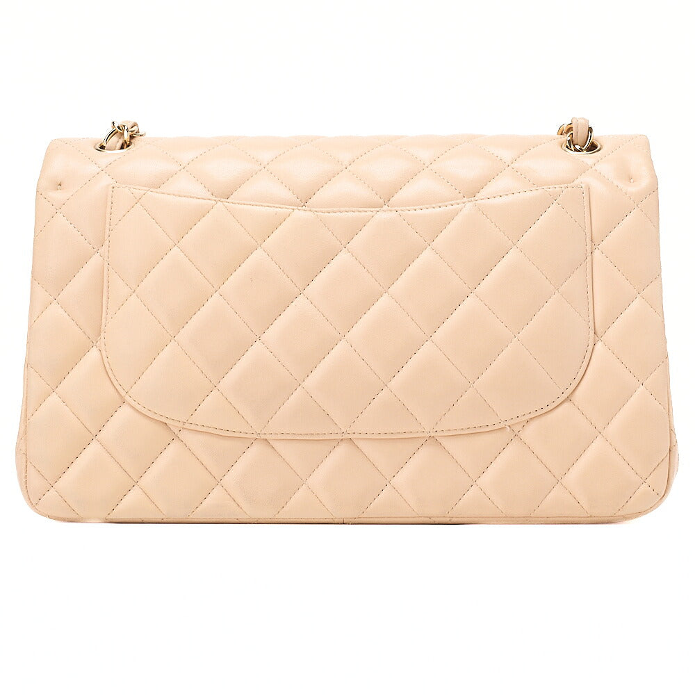 CHANEL Lambskin Deka Matelasse 30cm Double Flap Chain Shoulder Bag Beige Gold-Tone Hardware, Pre-Owned