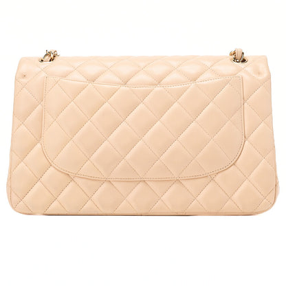 CHANEL Lambskin Deka Matelasse 30cm Double Flap Chain Shoulder Bag Beige Gold-Tone Hardware, Pre-Owned