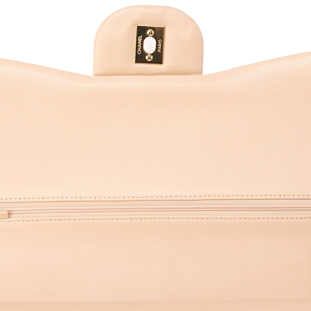 CHANEL Lambskin Deka Matelasse 30cm Double Flap Chain Shoulder Bag Beige Gold-Tone Hardware, Pre-Owned