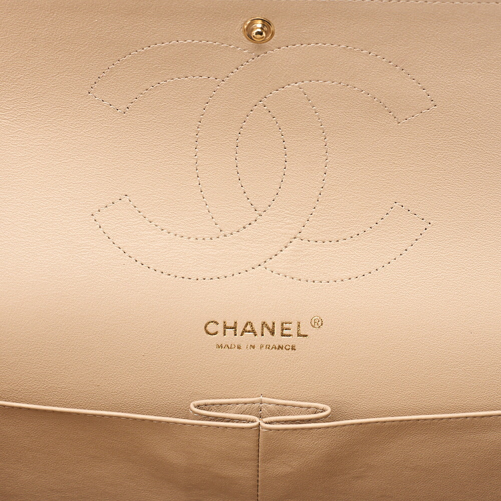 CHANEL Lambskin Deka Matelasse 30cm Double Flap Chain Shoulder Bag Beige Gold-Tone Hardware, Pre-Owned