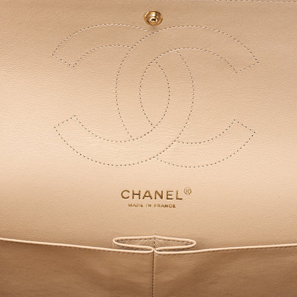 CHANEL Lambskin Deka Matelasse 30cm Double Flap Chain Shoulder Bag Beige Gold-Tone Hardware, Pre-Owned