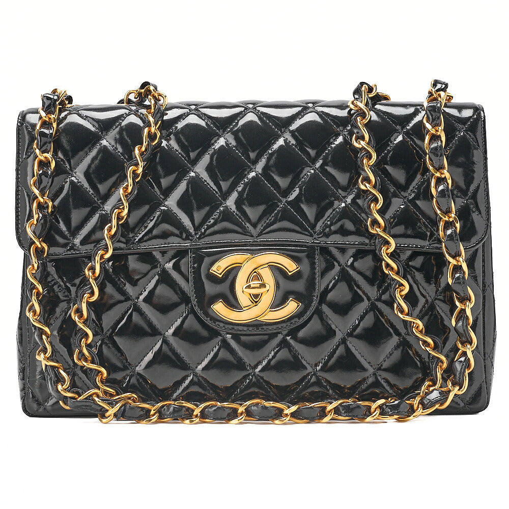 CHANEL Enamel Deka Matelasse Single Chain Shoulder Black Gold-Tone Hardware, Pre-Owned