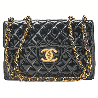 CHANEL Enamel Deka Matelasse Single Chain Shoulder Black Gold-Tone Hardware, Pre-Owned