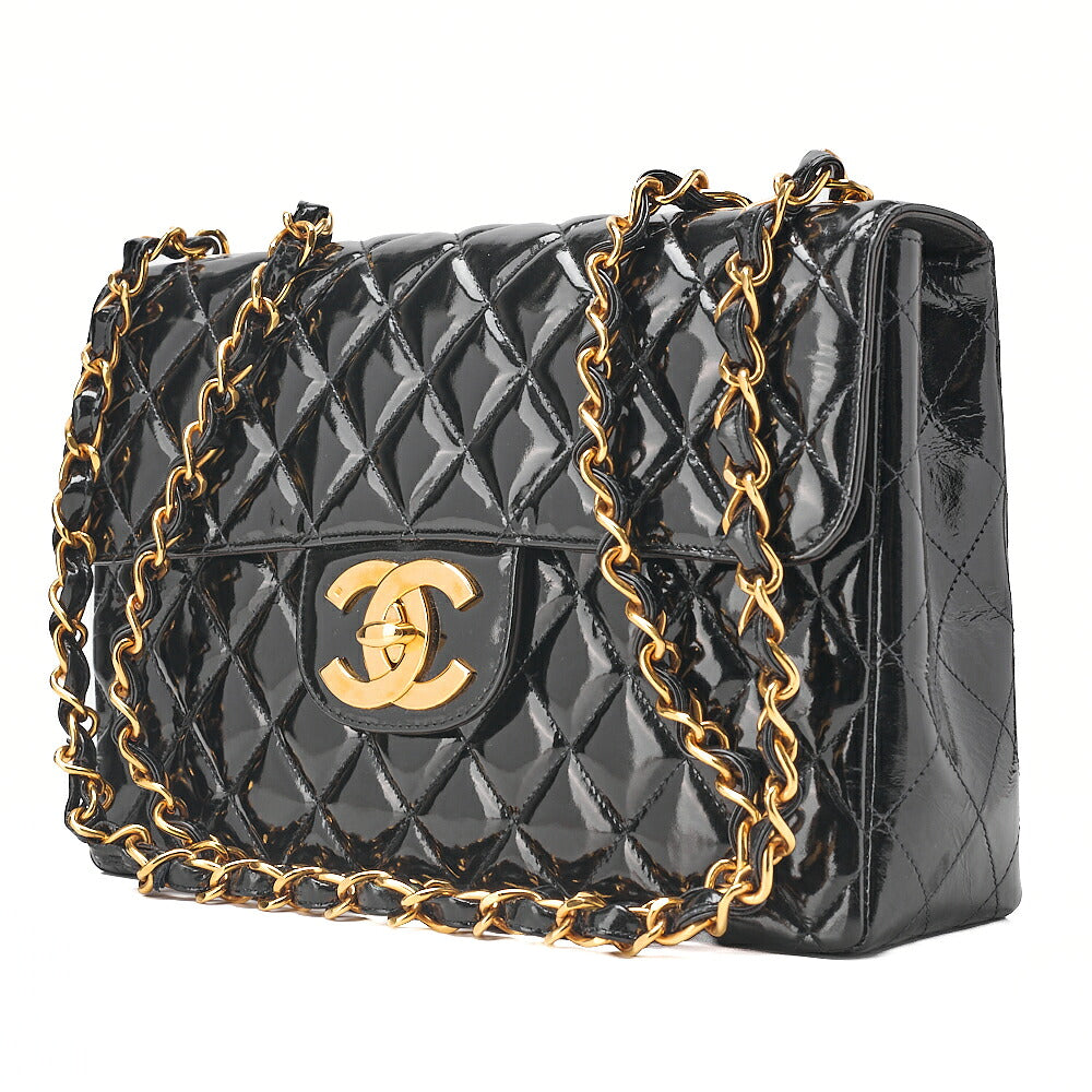 CHANEL Enamel Deka Matelasse Single Chain Shoulder Black Gold-Tone Hardware, Pre-Owned
