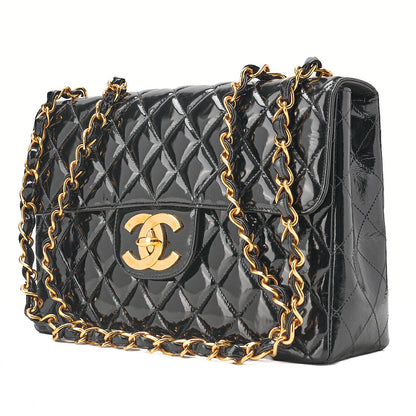 CHANEL Enamel Deka Matelasse Single Chain Shoulder Black Gold-Tone Hardware, Pre-Owned