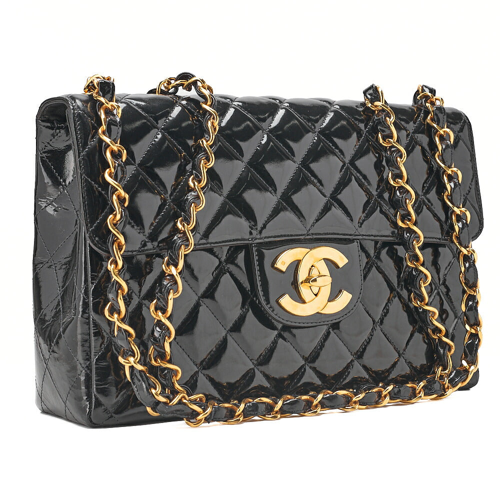 CHANEL Enamel Deka Matelasse Single Chain Shoulder Black Gold-Tone Hardware, Pre-Owned