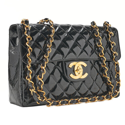 CHANEL Enamel Deka Matelasse Single Chain Shoulder Black Gold-Tone Hardware, Pre-Owned