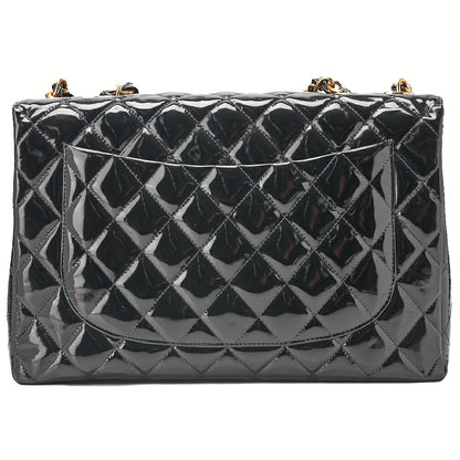 CHANEL Enamel Deka Matelasse Single Chain Shoulder Black Gold-Tone Hardware, Pre-Owned