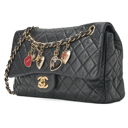 CHANEL Lambskin Matelasse Valentine's Day Single Flap Chain Shoulder Black Gold-Tone Hardware, Pre-Owned