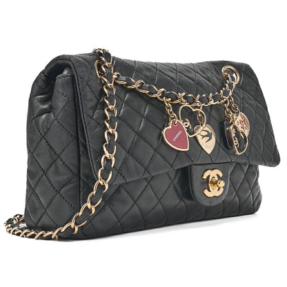 CHANEL Lambskin Matelasse Valentine's Day Single Flap Chain Shoulder Black Gold-Tone Hardware, Pre-Owned