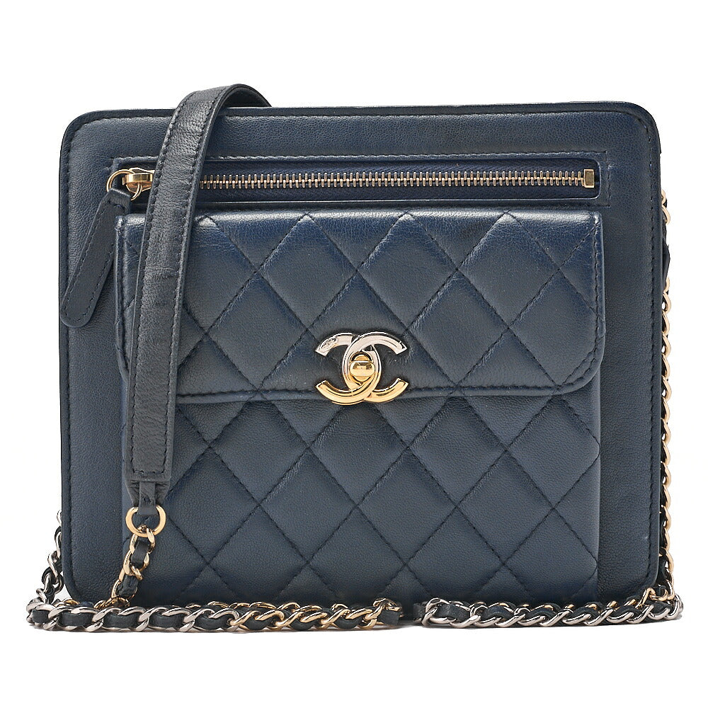 CHANEL Lambskin Mini Matelasse Turn Lock Chain Shoulder Navy Gold x Silver-Tone Hardware, Pre-Owned