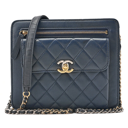 CHANEL Lambskin Mini Matelasse Turn Lock Chain Shoulder Navy Gold x Silver-Tone Hardware, Pre-Owned