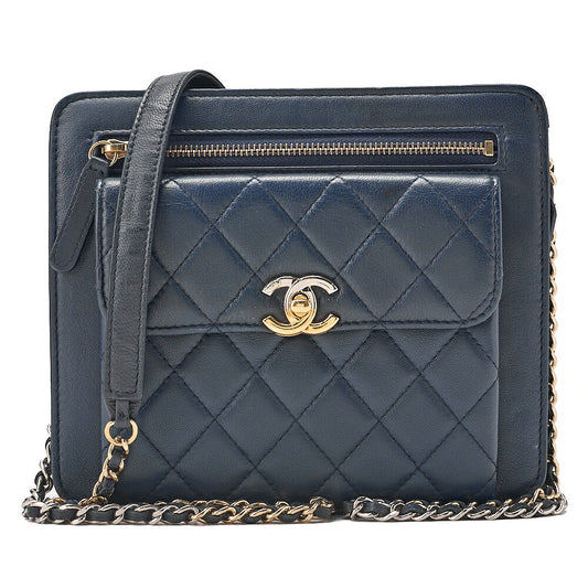 CHANEL Lambskin Mini Matelasse Turn Lock Chain Shoulder Navy Gold x Silver-Tone Hardware, Pre-Owned