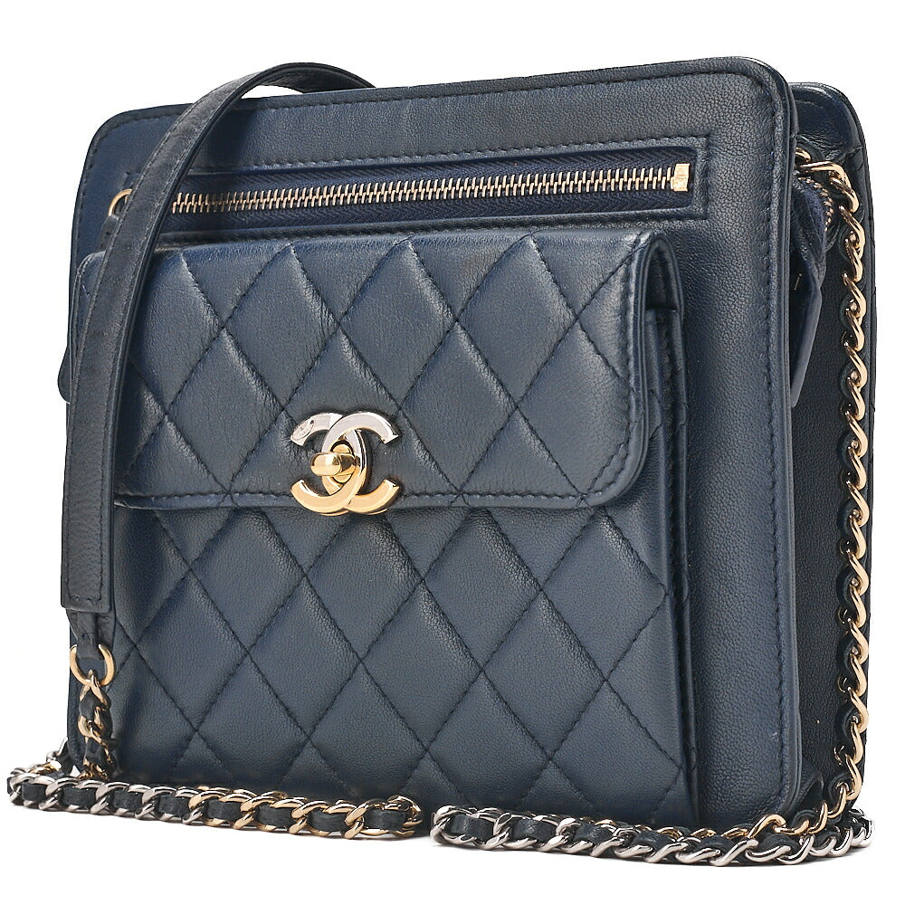 CHANEL Lambskin Mini Matelasse Turn Lock Chain Shoulder Navy Gold x Silver-Tone Hardware, Pre-Owned